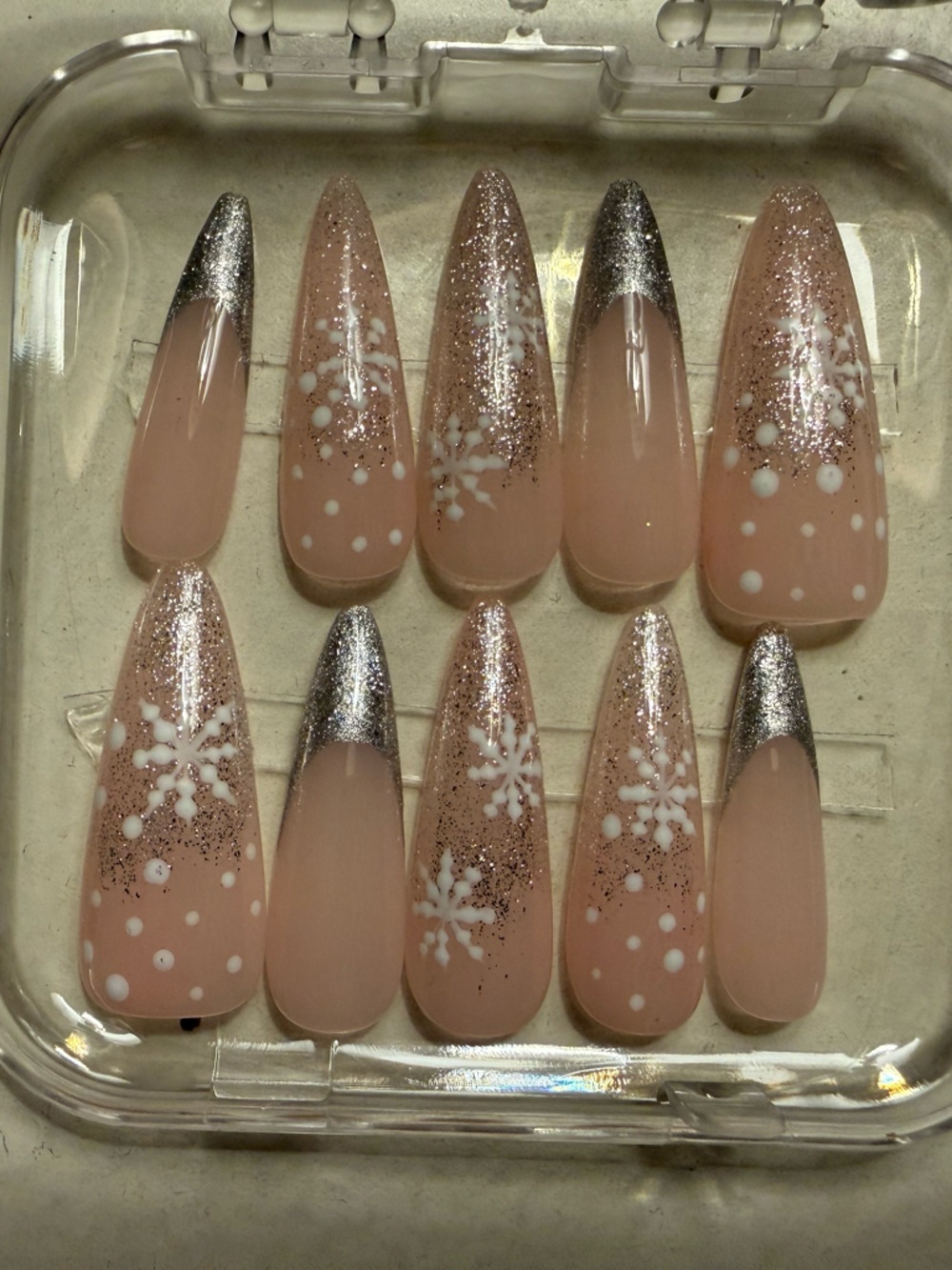 Pink and Silver Snowflake Nail Set